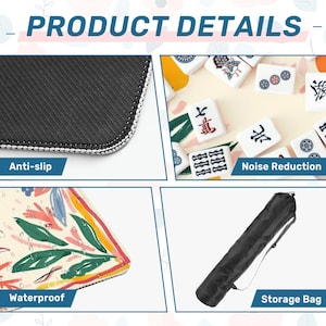 Pode incluir: Imagem de detalhes do produto mostrando uma superf&iacute;cie antiderrapante preta, uma cole&ccedil;&atilde;o de pe&ccedil;as de Mahjong brancas, uma superf&iacute;cie imperme&aacute;vel colorida e uma bolsa de armazenamento preta. A imagem inclui o texto "Product Details".