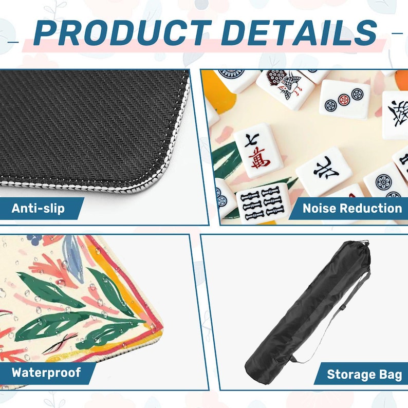 Pode incluir: Imagem de detalhes do produto mostrando uma superf&iacute;cie antiderrapante preta, uma cole&ccedil;&atilde;o de pe&ccedil;as de Mahjong brancas, uma superf&iacute;cie imperme&aacute;vel colorida e uma bolsa de armazenamento preta. A imagem inclui o texto "Product Details".