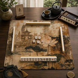 May include: A square mahjong mat featuring a printed landscape with a traditional pavilion and lotus flowers. The mat is arranged with ivory-colored mahjong tiles in rows, a small black drawstring bag, a wooden East sign, and a tea set nearby.