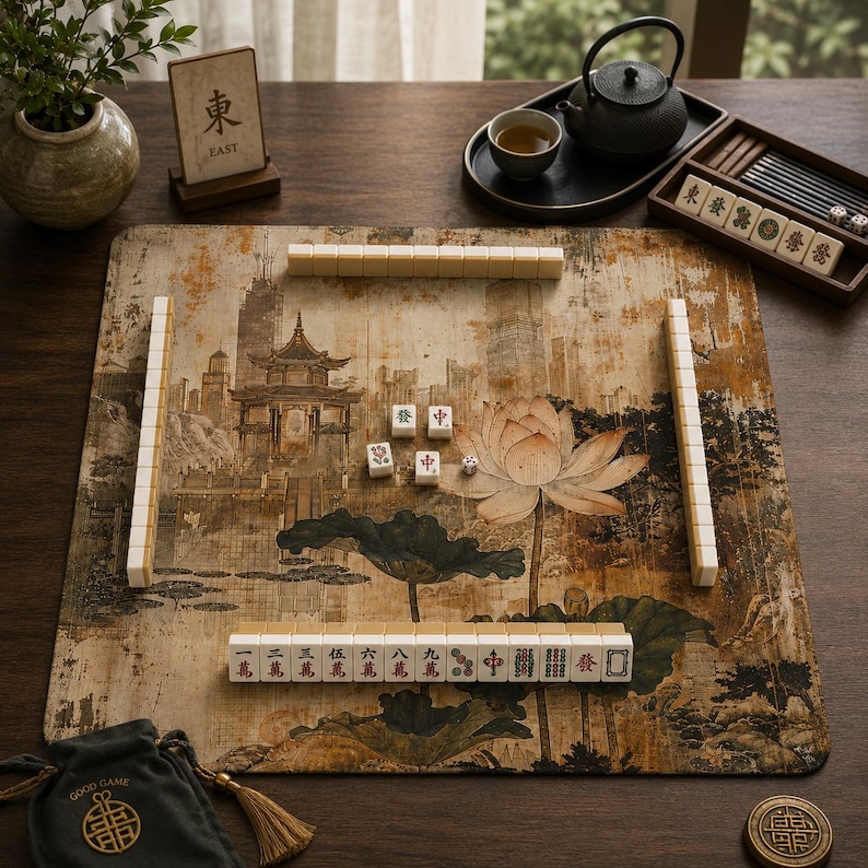 May include: A square mahjong mat featuring a printed landscape with a traditional pavilion and lotus flowers. The mat is arranged with ivory-colored mahjong tiles in rows, a small black drawstring bag, a wooden East sign, and a tea set nearby.