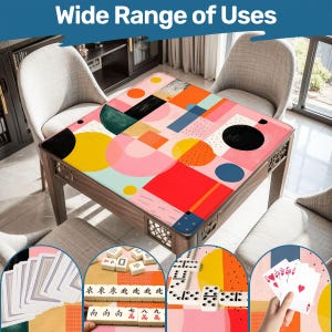 May include: A wooden table with a colourful geometric design on the tabletop. The design includes shapes in red, pink, yellow, and blue. The text "Wide Range of Uses" is at the top. The image also shows playing cards, dominoes, and mahjong tiles.