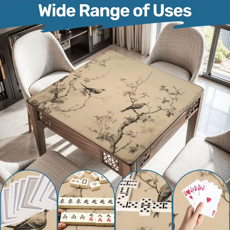 Op de afbeelding: Een houten tafel met een beige bloemen- en vogelontwerp. De tafel is omringd door stoelen en heeft een verscheidenheid aan spellen, waaronder kaarten, domino's en mahjongtegels. De tekst "Wide Range of Uses" staat bovenaan.