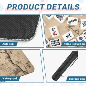 Op de afbeelding: Productdetails afbeelding met een zwarte antislip oppervlakte, waterdicht materiaal met een bloemenpatroon en een zwarte opbergtas. De afbeelding toont ook witte mahjongtegels met Chinese karakters. De tekst "PRODUCT DETAILS" staat bovenaan.