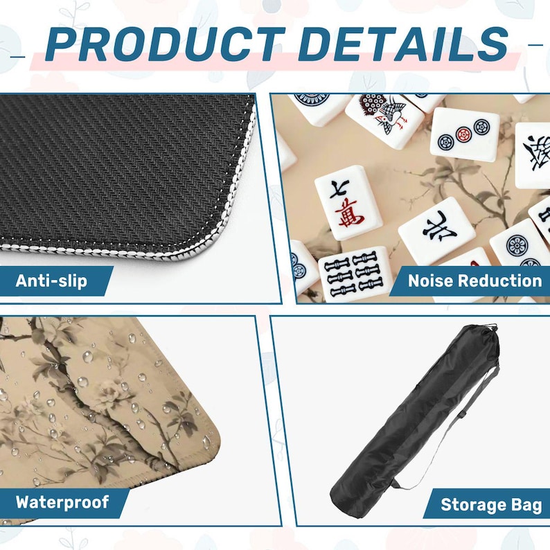Op de afbeelding: Productdetails afbeelding met een zwarte antislip oppervlakte, waterdicht materiaal met een bloemenpatroon en een zwarte opbergtas. De afbeelding toont ook witte mahjongtegels met Chinese karakters. De tekst "PRODUCT DETAILS" staat bovenaan.