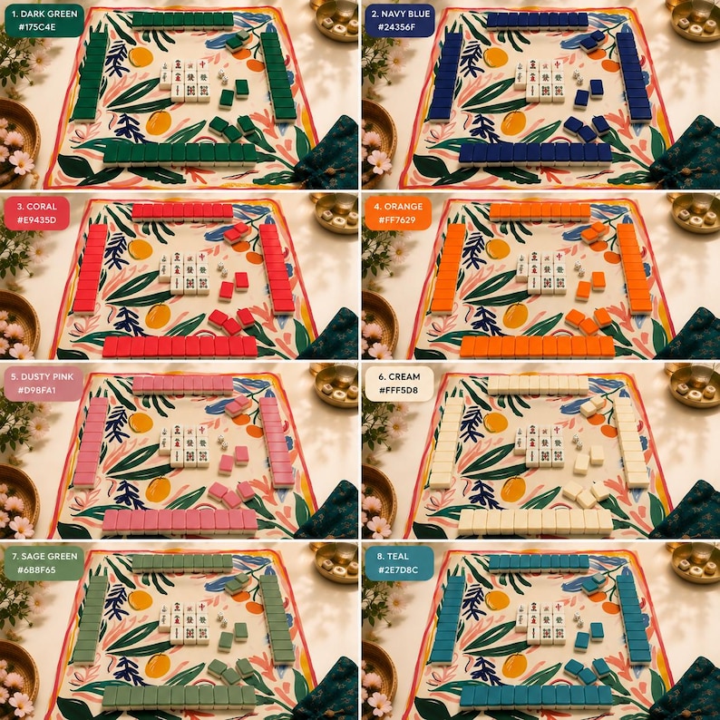 May include: A set of eight mahjong game displays, each featuring a colorful patterned mat with botanical illustrations and a central arrangement of white tiles. The tiles are presented in eight distinct solid colors: dark green, navy blue, coral, orange, dusty pink, cream, sage green, and teal.