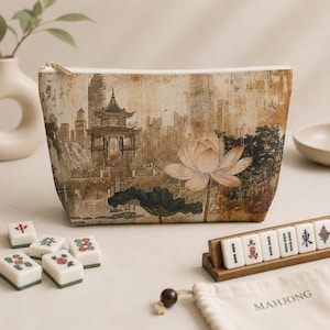 Vintage watercolor chinoiserie accessory pouch zip pouch mahjong tile bag tile holder mah jong mahjong tile pouch lotus asian pagoda garden
