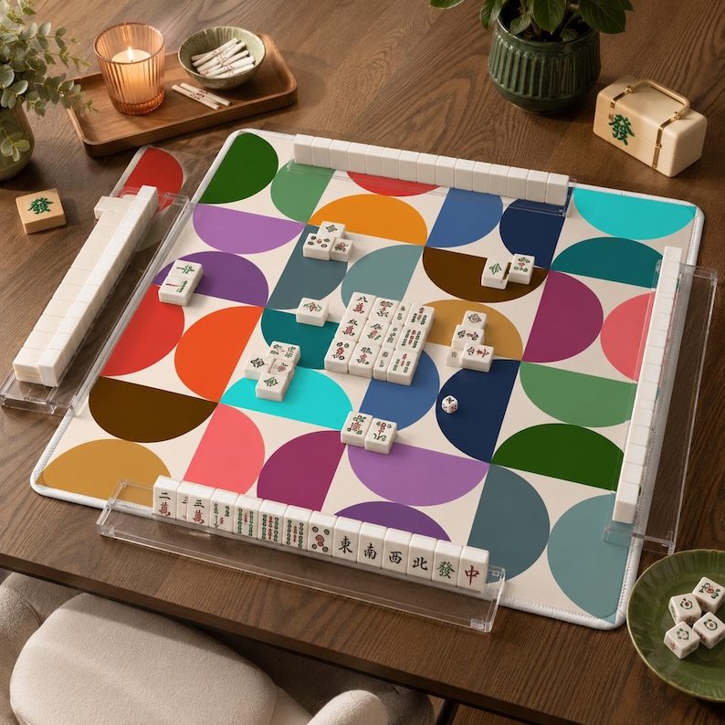 Pu&ograve; includere: Un tappetino da mahjong quadrato con un colorato motivo geometrico a semicerchi nei toni dell'arancione, viola, verde acqua, verde e rosa. Il tappetino include quattro supporti in acrilico trasparente con tessere bianche con caratteri.