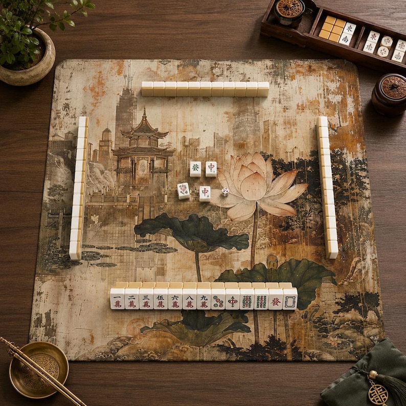 May include: A square mahjong mat featuring a printed landscape with a traditional pavilion, a large lotus flower, and dark green lily pads. The mat is arranged with white mahjong tiles in rows and columns, alongside a wooden tile rack and dice.