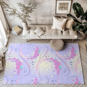 Anime rug - Luna  Moon rug, kawaii rug, pink, pastel goth, roses, pearls, stars, mystical, hype rugs, pink,kawaii decor,crescent moons