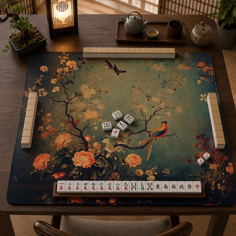 Mahjong Mat green chinoiserie mahjong accessories birds mahjong gift ideas mahjong table mat american mahjong set square mahjong table cloth image 2