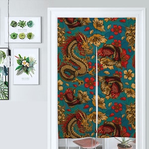 Front Door Hanging Banners 34&quot; x 56&quot; red noren, Chinese dragon japanese noren curtain, gold traditional japanese curtains, koi fish, peony