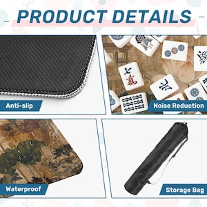 K&ouml;nnte beinhalten: Produkt-Detailbild. Das Bild zeigt eine schwarze, rutschfeste Oberfl&auml;che, Mahjong-Steine, eine wasserdichte Oberfl&auml;che mit einem Gem&auml;lde und eine schwarze Aufbewahrungstasche. Der Text im Bild lautet "Product Details", "Anti-slip", "Noise Reduction", "Waterproof" und "Storage Bag".