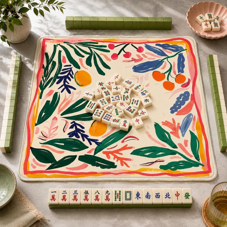 May include: A square mahjong mat with a cream background featuring a colorful botanical print of green leaves, pink accents, and orange fruit. A pile of white mahjong tiles sits in the center, with additional tiles arranged in racks around the mat.