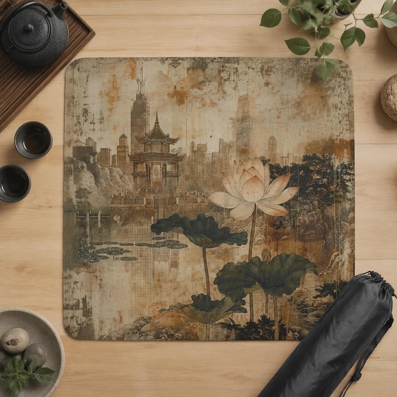 May include: A square mat featuring a sepia-toned illustration of a traditional pagoda and city skyline reflected in water, with a large lotus flower and dark green lily pads in the foreground. The design has a weathered, textured appearance.