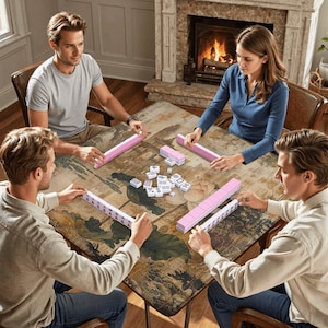 K&ouml;nnte beinhalten: Vier Personen spielen Mahjong an einem quadratischen Tisch. Die Spielsteine sind wei&szlig; und rosa. Der Tisch hat ein Blumenmuster. Im Hintergrund befindet sich ein Kamin.