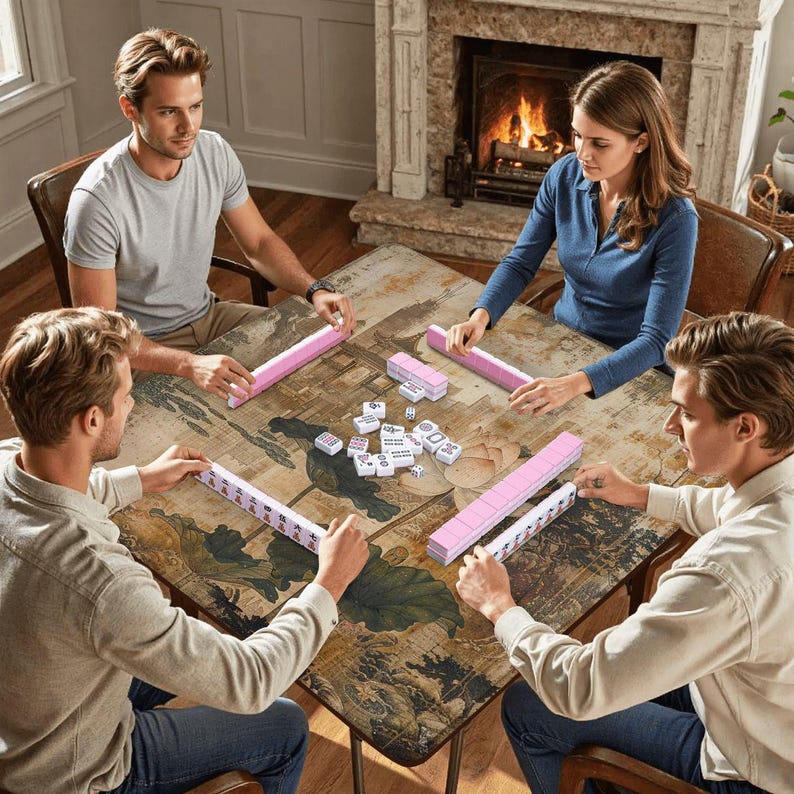 K&ouml;nnte beinhalten: Vier Personen spielen Mahjong an einem quadratischen Tisch. Die Spielsteine sind wei&szlig; und rosa. Der Tisch hat ein Blumenmuster. Im Hintergrund befindet sich ein Kamin.
