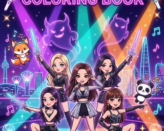 Kolorowanka K-Pop w formacie PDF do druku | Kolorowanki inspirowane Łowcami Demonów K-Pop | Książka z zadaniami Idol do pobrania w wersji cyfrowej