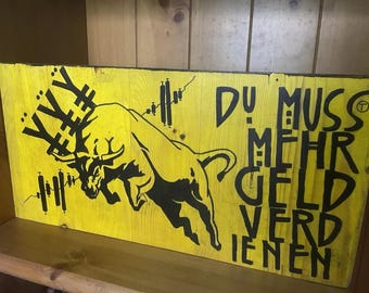 Cuadro decorativo de madera para el mercado alcista – Panel de madera pintado a mano – Decoración para motivar a los inversores – Decoración de pared para la oficina del emprendedor – Regalo para amantes de la bolsa