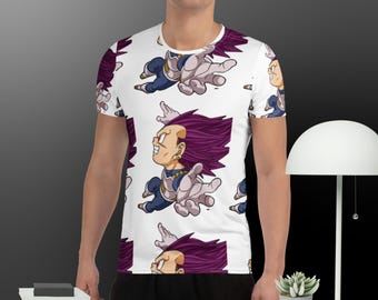 Camiseta Ultra Ego Vegeta con estampado chibi - Camiseta de anime con estampado integral - Camiseta gráfica de manga Kawaii Vegeta - Estética de destrucción púrpura