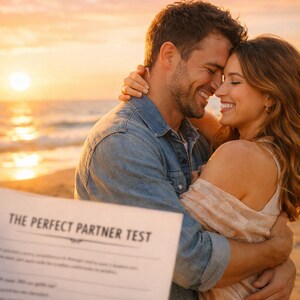 Può includere: Una coppia si abbraccia su una spiaggia al tramonto. L'uomo indossa una camicia di jeans e la donna un top colorato chiaro. Un foglio con il testo "THE PERFECT PARTNER TEST" è tenuto in primo piano.