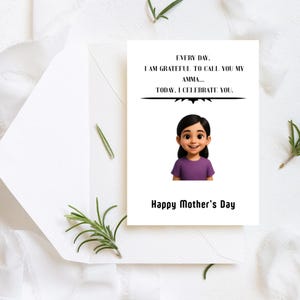 Mother’s Day Card for Amma 5x7 White Purple Greeting Card for Mom Blank Inside with Envelope Handmade Tamil Punjabi Indian Cultural Gift Her