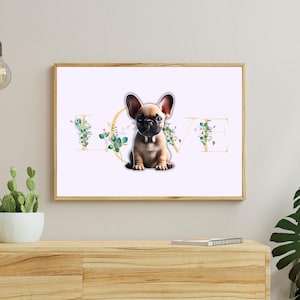 Impression d&#39;art « LOVE » bouledogue français : poster floral chien