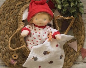 PDF-patroon 7,5" Waldorf Baby DOLL & CLOTHES, luiers, hoed, jumpsuit, kussen, deken, matras