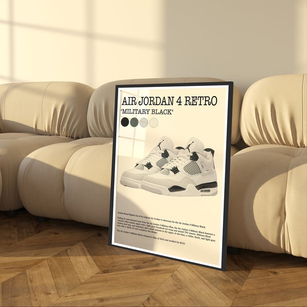 Nero militare - Poster retrò Air Jordan 4 | Decorazione da parete sneaker massimalista per soggiorno, camera da letto, ufficio | Poster estetico Nike incorniciato