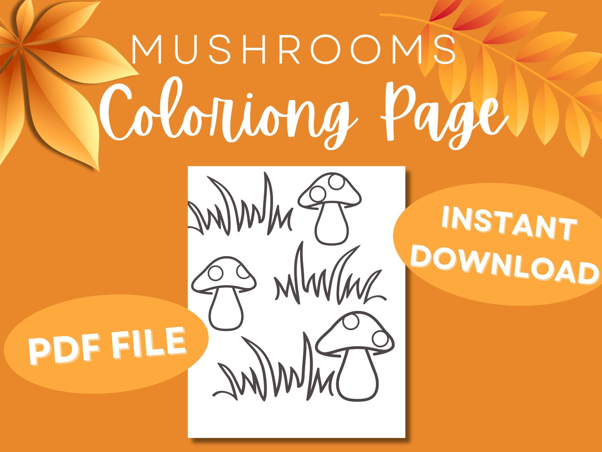 Mushrooms Coloring Page printable PDF Page Digital Activity Etsy
