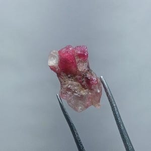 May include: A small, pink and clear crystal with a rough, natural texture. The crystal is held by tweezers.