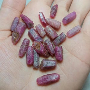 May include: A collection of raw ruby gemstones in varying shades of red and pink. The rough, uncut stones have a natural, crystalline appearance. The gemstones are held in a hand, showcasing their irregular shapes and textures. These rubies are suitable for jewelry making.