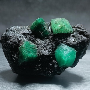 Op de afbeelding: Een ruw mineraal exemplaar met vier afzonderlijke, levendig groene smaragdkristallen ingebed in een donkere, getextureerde en poreuze zwarte rotsmatrix. De kristallen vertonen een doorschijnende kwaliteit en natuurlijke vormen.