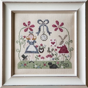 May include: Cross-stitch embroidery of Alice in Wonderland with a white rabbit, a black cat, and a pocket watch. The scene is set in a garden with flowers and vines.