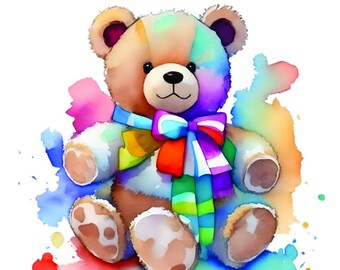 Whimsical Watercolor Teddy Clipart: PNG, PDF, ZIP File Digital Download