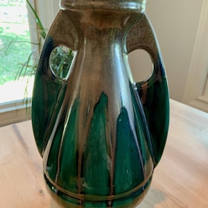 Vintage MCM Emerald Green and Golden-Brown Drip Glazed Pottery Vase