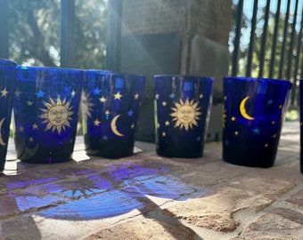 Libbey celestial cobalt stars and moon 6 lowball tumblers vintage