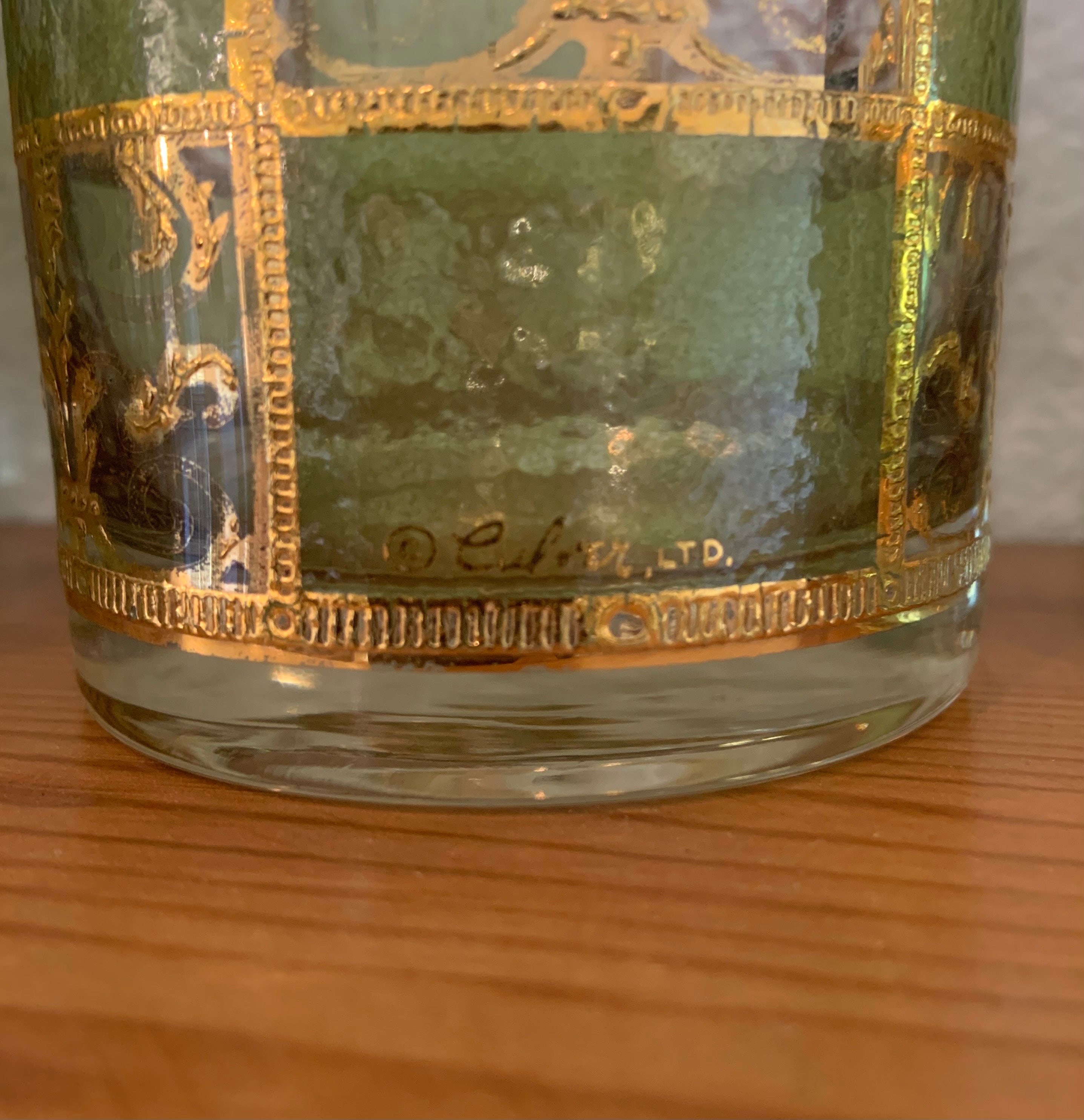 Vintage Culver Prado Green & Gold 22 K Lowball Glasses (4  Vtg 60s Culver Prado Green & Gold 22 k Lowball Glasses (4) and Ice Bucket Set main image 0