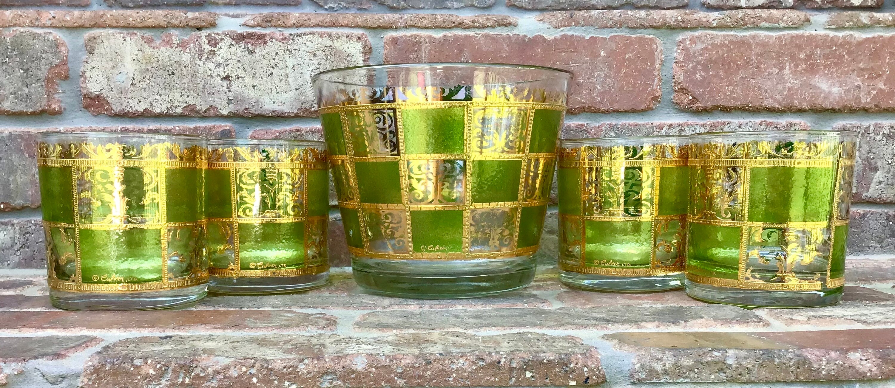 Vintage Culver Prado Green & Gold 22 K Lowball Glasses (4  Vtg 60s Culver Prado Green & Gold 22 k Lowball Glasses (4) and Ice Bucket Set main image 1