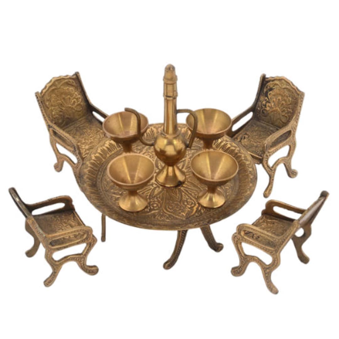 Brass Dining Table Chair Maharaja Set Showpiece for Home Decor, Gold, 1