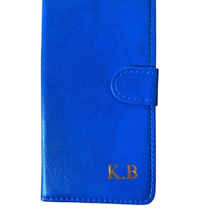 Étui portefeuille moto en cuir bleu initiales, housse personnalisée initiales, étui Moto E15, Moto G05, Moto G15, Moto E14, Moto G22 Moto G13