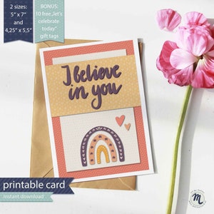 Eu acredito em você, cartão de felicitações para impressão, download instantâneo, fortalecimento da autoconfiança, cartão postal arco-íris, papel de carta com padrão de coração