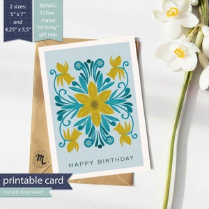 Cartão de flores de março para impressão, feliz aniversário, narciso, flor de nascimento de março, download digital, faça você mesmo, ilustração de arte popular botânica