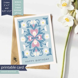 Carte de voeux fleur imprimable, fleur de naissance d'avril, marguerite, carte de voeux de joyeux anniversaire, illustration d'art folklorique, marguerite, téléchargement numérique, bricolage