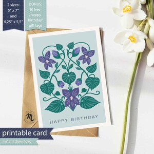 Cartão de flores de fevereiro para impressão, ilustração de arte popular violeta, flores do mês de nascimento, flores violetas, aniversário DIY, download digital