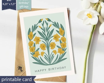 Printable gladiolus greeting card, August birth flower gift, happy birthday, gift for friends, folk art illustration, birth symbolism, DIY