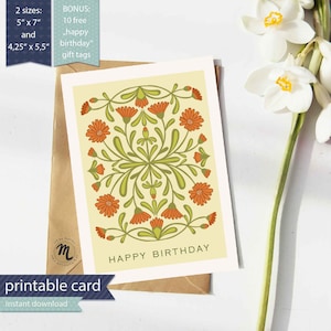 Carte de voeux imprimable de souci, cadeau de fleur de naissance d'octobre, joyeux anniversaire, cadeau pour des amis, illustration d'art folklorique, symbolisme de naissance, bricolage