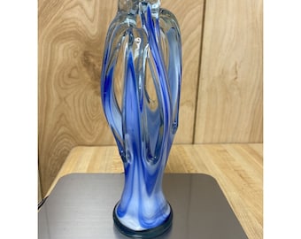Vintage MCM Hand Blown Blue & White Swirl Murano Style Stretch Glass Vase 8”