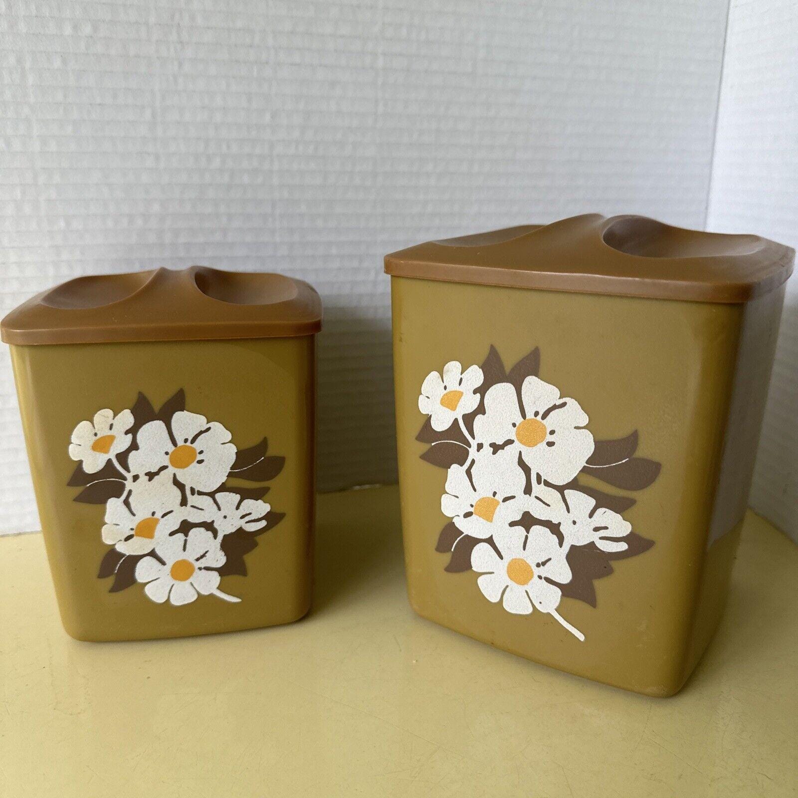 70s Vtg Canister Set Avacado Green Floral Plastic Nesting W/ Lids