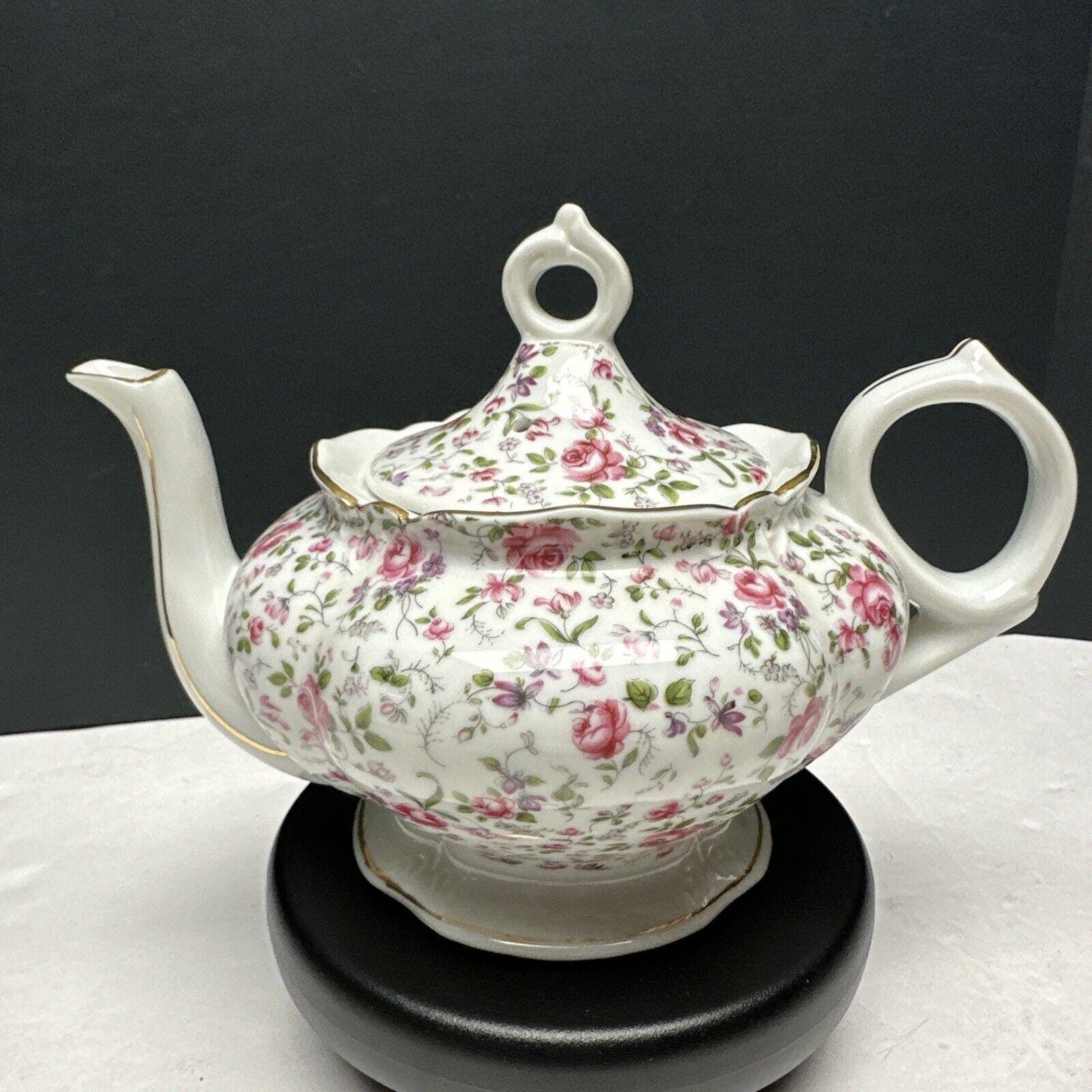 Lefton Porcelain Musical Teapot Hand Painted Chintz Floral Pink Roses ...