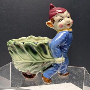 Vintage Small Elf Pixie Figure Planter Japan With Leaf Cart 3.75” H X 3” L